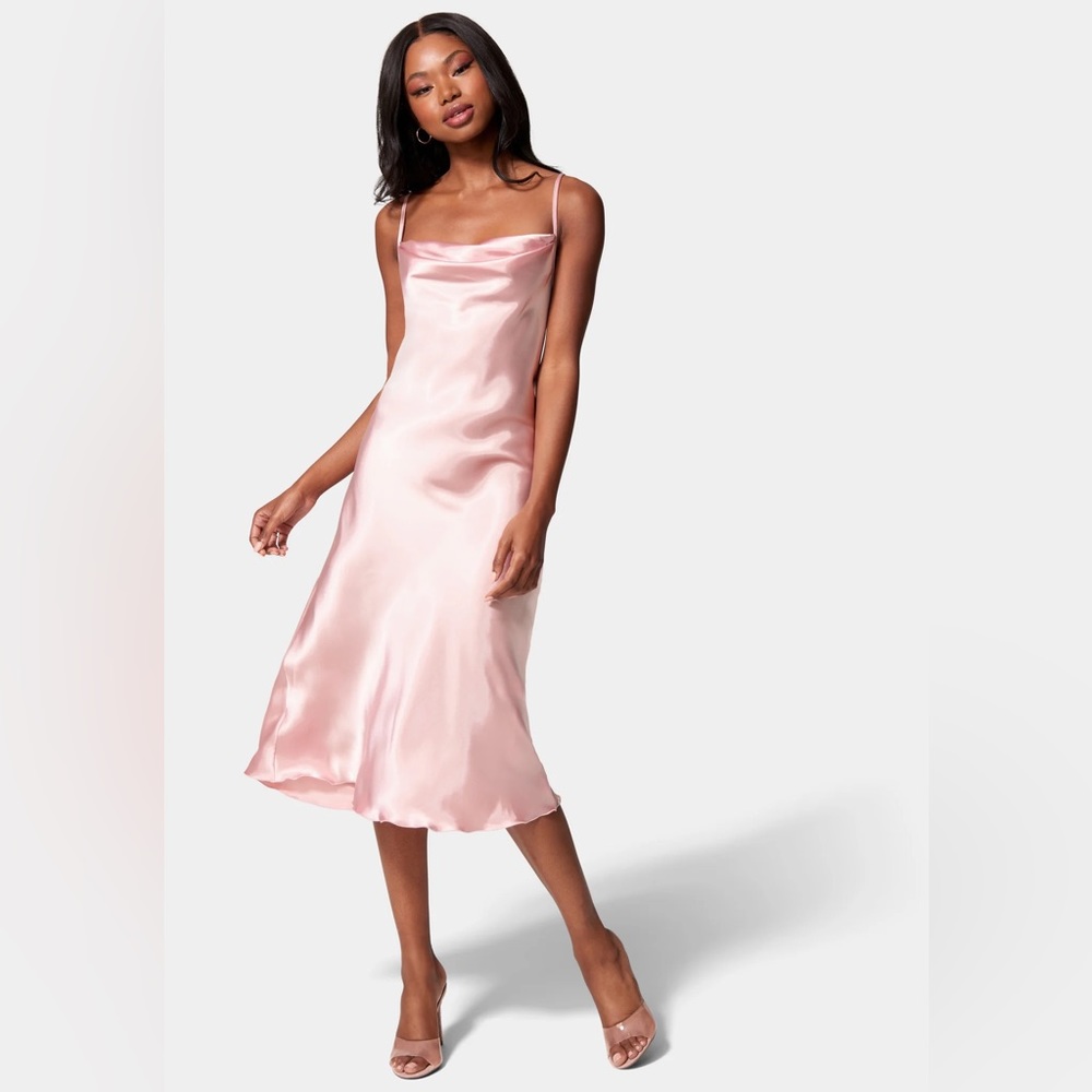 Bebe Satin Cowl Neck Midi Dress in Rose